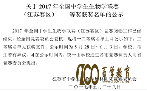 江苏省2017高中生物联赛获一等奖46人,他们是谁来自哪所高中