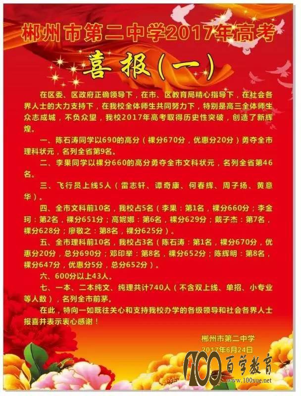 郴州二中2017高考喜报【高考成绩】