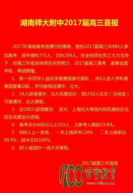 湖南师范大学附属中学2017高考喜报【高考成绩】