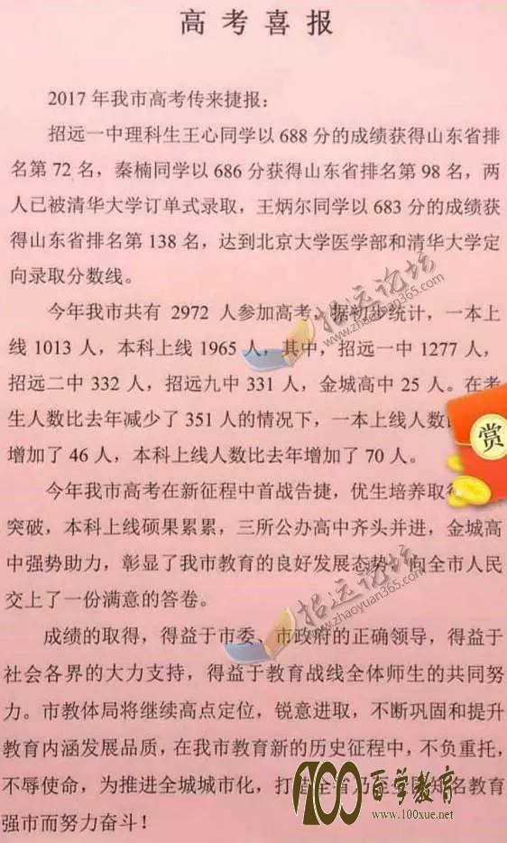 招远一中2017高考喜报【高考成绩】