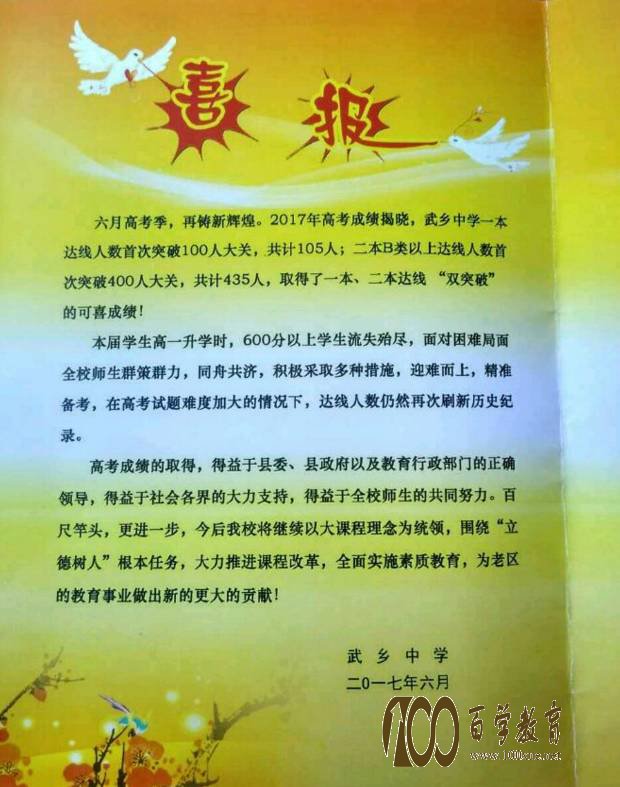 武乡中学2017高考喜报出炉,二本达线的有这么多.